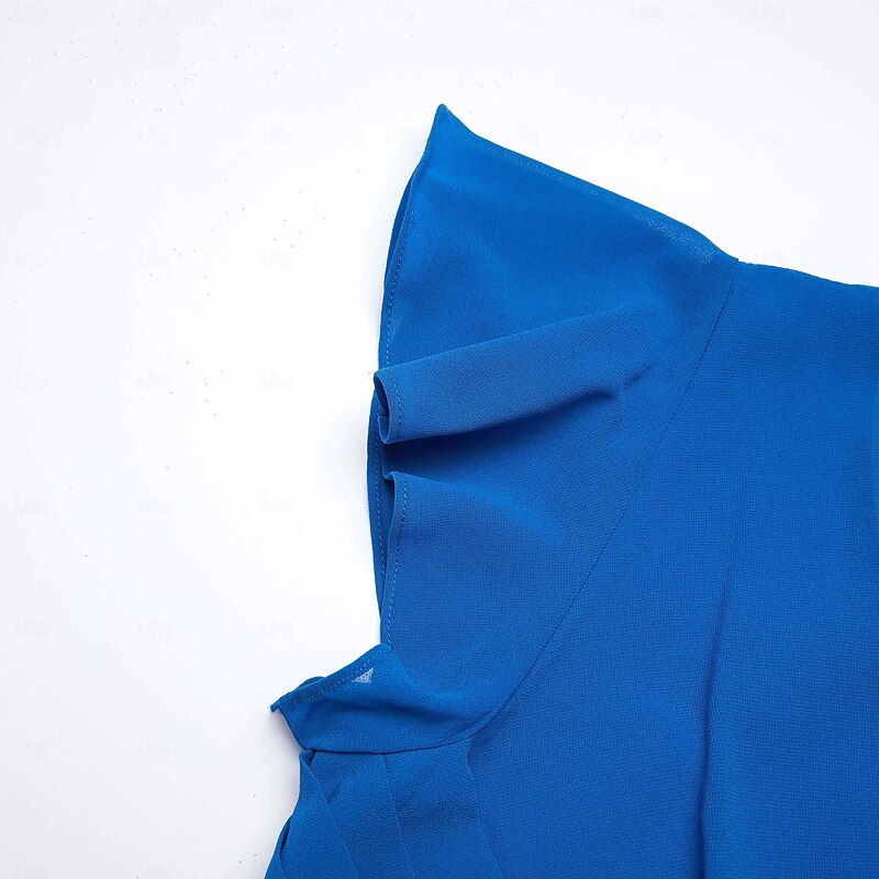 Women's Wedding Guest Cocktail Dress Chiffon Ruched Ruffle Elegant Formal Wrap Midi Dress V Neck Ruffle Sleeve Blue Green Color 5