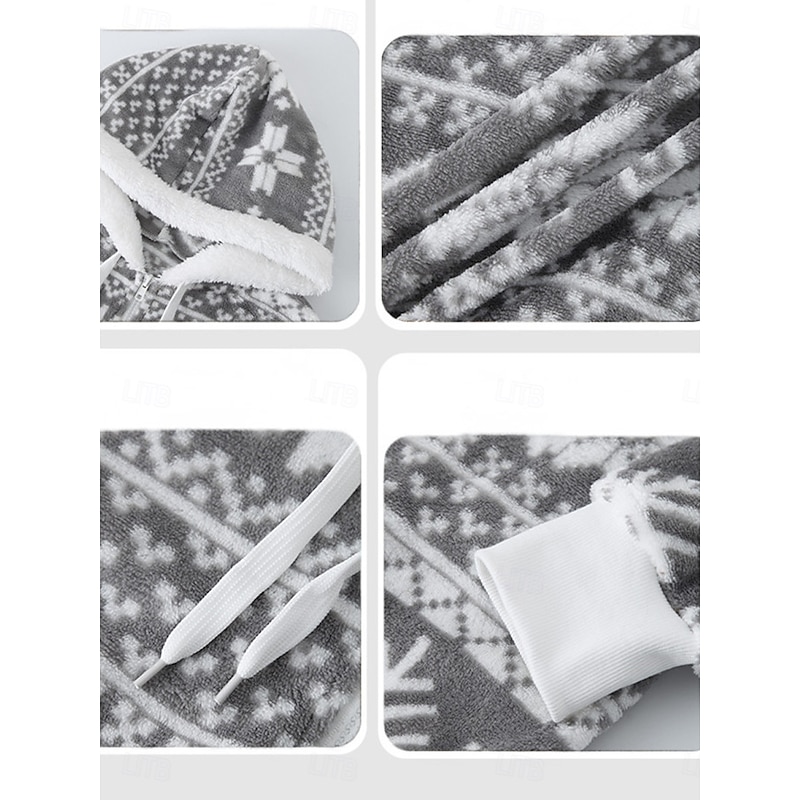 Women's Fleece Jacket Sherpa-Lined Hooded Full-Zip Winter Snowflake Print Grey and White Cozy Warm Casual Outerwear Multiple Sizes3