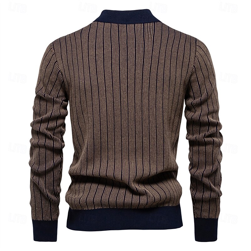 New Design Mens Mock Neck Cotton Pullover Sweaters Autumn Winter Warm Stripped Sweater for Men3
