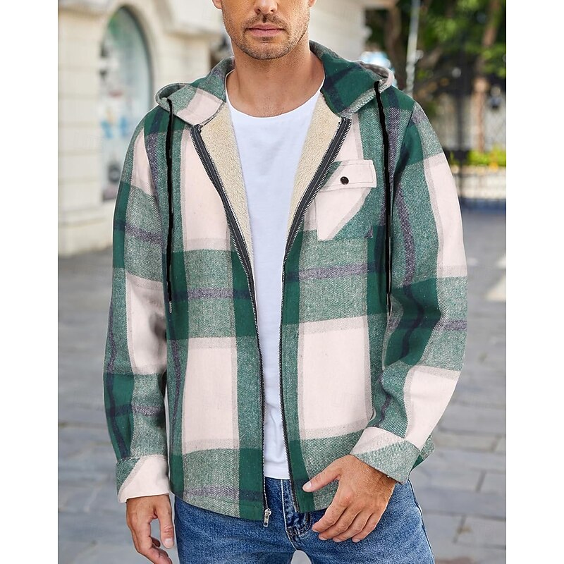 Men's Shirt Jacket Hoodied Jacket Shacket Flannel Fleece Jacket Daily Vacation Thermal Warm Hooded Fall & Winter Plaid Checkered Fashion Streetwear Lapel Regular Black Dark Red Light Green Red Blue2