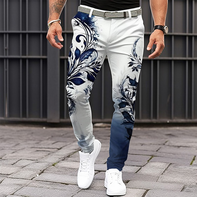 Men's Plant Dress Pants Mid Waist Casual Home Dailywear Zipper Pocket Summer Spring Fall 3D Print Black Dark Red Blue
