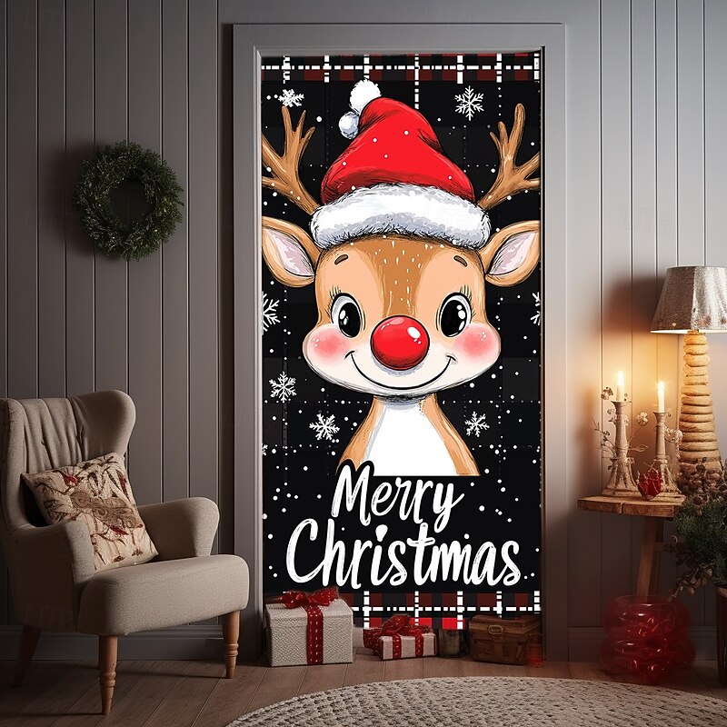 Christmas Door Decorations Door Covers Reindeer Door Tapestry Door Curtain Decoration Backdrop Indoor/Outdoor Door Banner for Front Door Farmhouse4