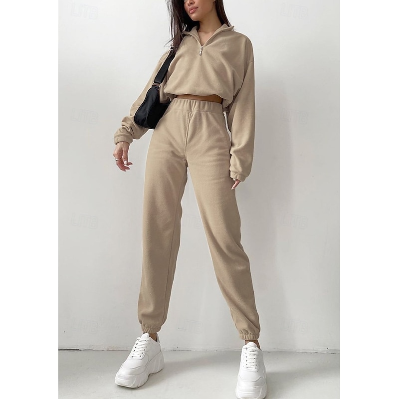 Comfry Fleece Women's Sweatshirt Pants Sets Outdoor Warm Long Sleeve Khaki Spring Fall - Main Image