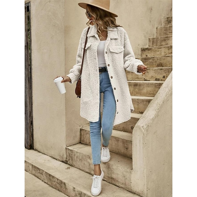 Women's Casual Jacket Street Daily Wear Fall Winter Regular Coat Loose Fit Warm Breathable Comtemporary Stylish Plush Jacket Long Sleeve Solid Color with Pockets Print Light Brown Khaki4