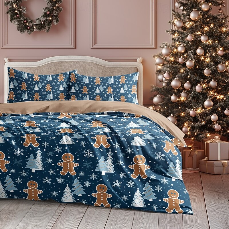 Christmas Duvet Cover with Gingerbread Man Design 100% Cotton Festive Holiday Christmas Comforter Set Full Soft and Cozy Includes Duvet Cover and Pillowcases  Queen King Size2