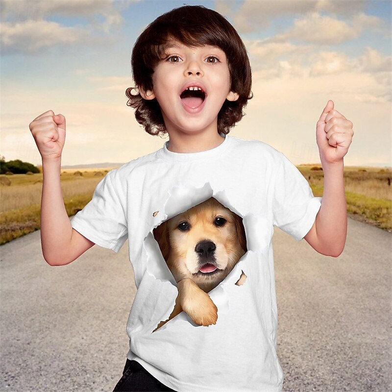 100% Cotton Kids Boys White Graphic Animal Dog T shirt Tops Crew Neck Short Sleeve Casual Daily Wear Vacation Fashion Sport Print Summer