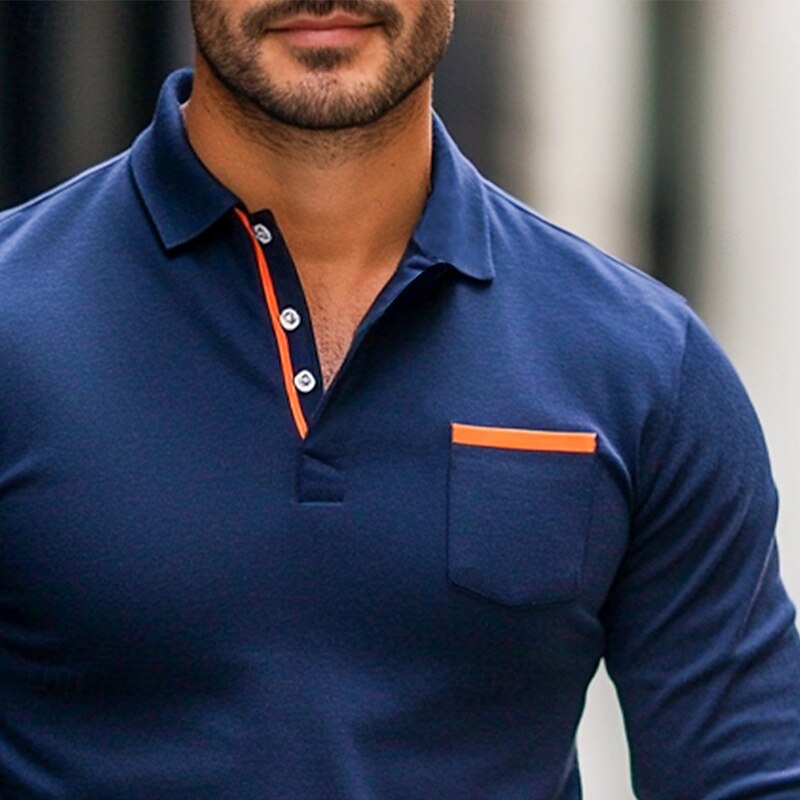Men's Polo Shirt Golf Polo Street Business Turndown Ribbed Polo Collar Long Sleeve Fashion Basic Solid Color Patchwork Pocket Fall Winter Cross-Seasons Regular Fit Army Green Black Navy Blue Grey2