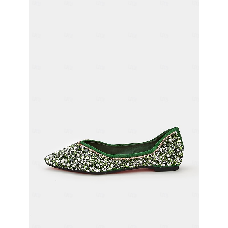 Women's Green Rhinestone Embellished Pointed-Toe Flats, Elegant Crystal Beaded Ballet Shoes, Perfect for Weddings, Parties, and Formal Occasions3