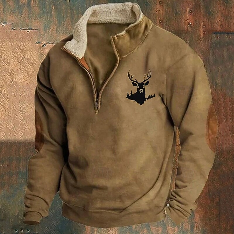 Men's Sweatshirt Quarter Zip Sweatshirt Black Navy Blue Brown Gray Half Zip Color Block Reindeer Patchwork Sports & Outdoor Daily Holiday Polyester Vintage Basic Casual Fall & Winter Clothing Apparel