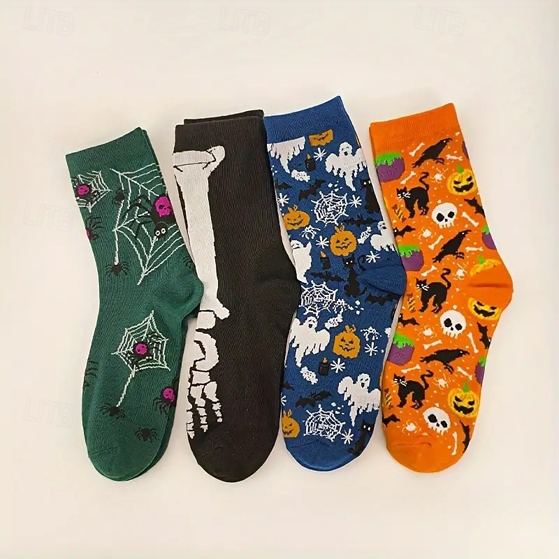 Men's 4 Pairs Multi Packs Socks Crew Socks Casual Socks Halloween Socks Rainbow Color Pumpkin Halloween Bat Sports & Outdoor Daily Vacation Basic Medium Fall & Winter Fashion Casual2