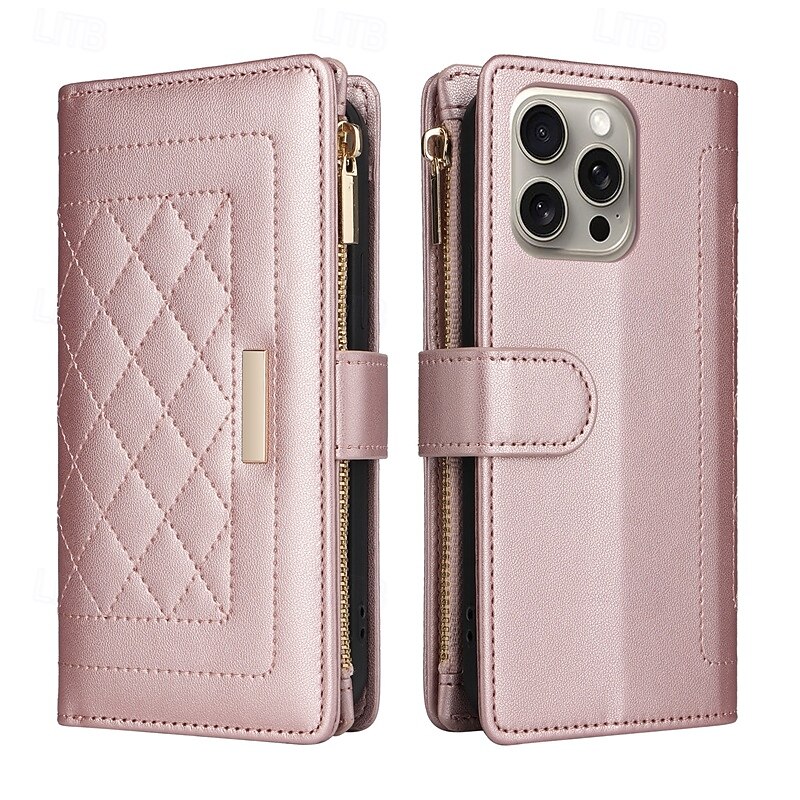 Phone Case For iPhone 16 15 14 Pro Max Plus 13 12 11 Pro Max Back Cover with Stand Holder Zipper with Lanyard Retro TPU PU Leather4