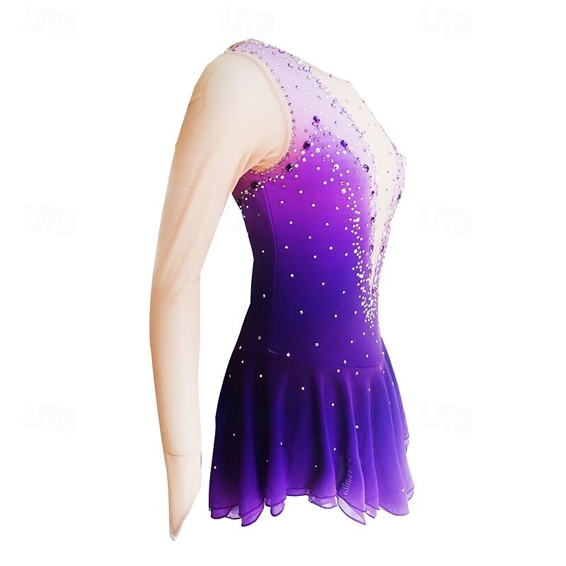 Figure Skating Dress Women's Girls' Ice Skating Dress Violet Patchwork Mesh High Elasticity Training Competition Skating Wear Classic Crystal / Rhinestone Long Sleeve Ice Skating Figure Skating3