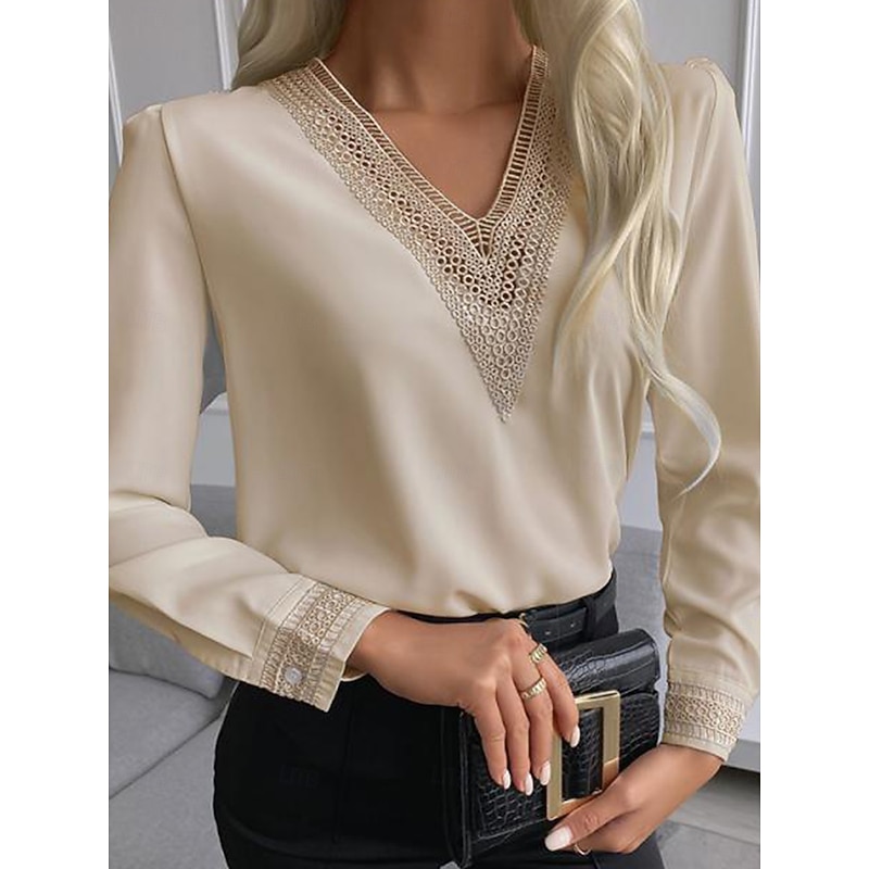 Women's Shirt Blouse Lace White Shirt Daily Work Stylish Modern Long Sleeve Black Spring Fall4