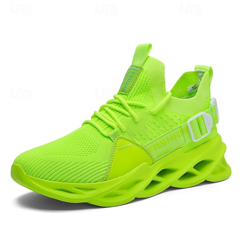 Men's Neon Green Flyknit Athletic Sneakers - Lightweight Breathable Running Shoes with Unique Sole Design2
