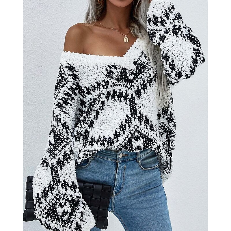 Women's Sweater Daily Casual Geometric Print Crew Neck Knitted Textured Long Sleeve Long Tops Knit Outdoor Work White Purple Fall Winter
