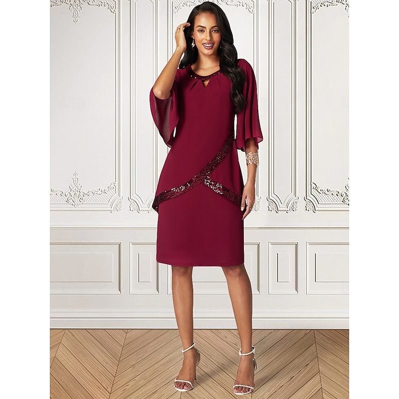 Women's Midi Dress Burgundy with Asymmetric Sequin Overlay Round Neckline V-Notch Detail Three-Quarter Length Split Sleeves Non-Stretch Elegant Evening Cocktail Party Knee-Length Various Sizes