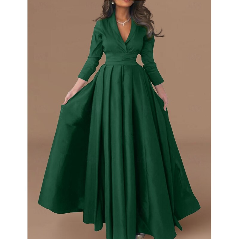 Satin A-Line Chrismas Dress Evening Gown Elegant Dress FormalRed Dress Floor Length 3/4 Length Sleeve V Neck with Pleats dress to impress