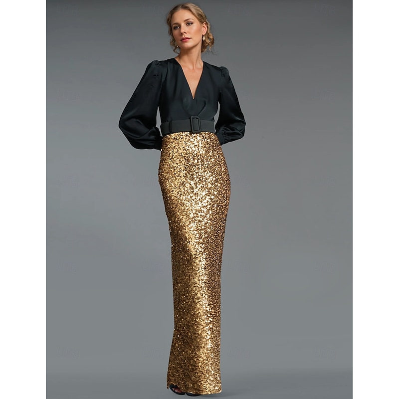 Black and Gold / Sequin Mermaid Formal Evening Gown Elegant Dress Floor Length Long Sleeve V Neck Belt / Sash with Slit