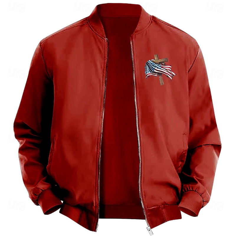Men's American US Flag Cross Bomber Jacket Coat Casual Sports Outdoor Daily Wear Side Pockets Zip Front Graphic Fall Winter Standing Collar Long Sleeve Black Red Army Green3