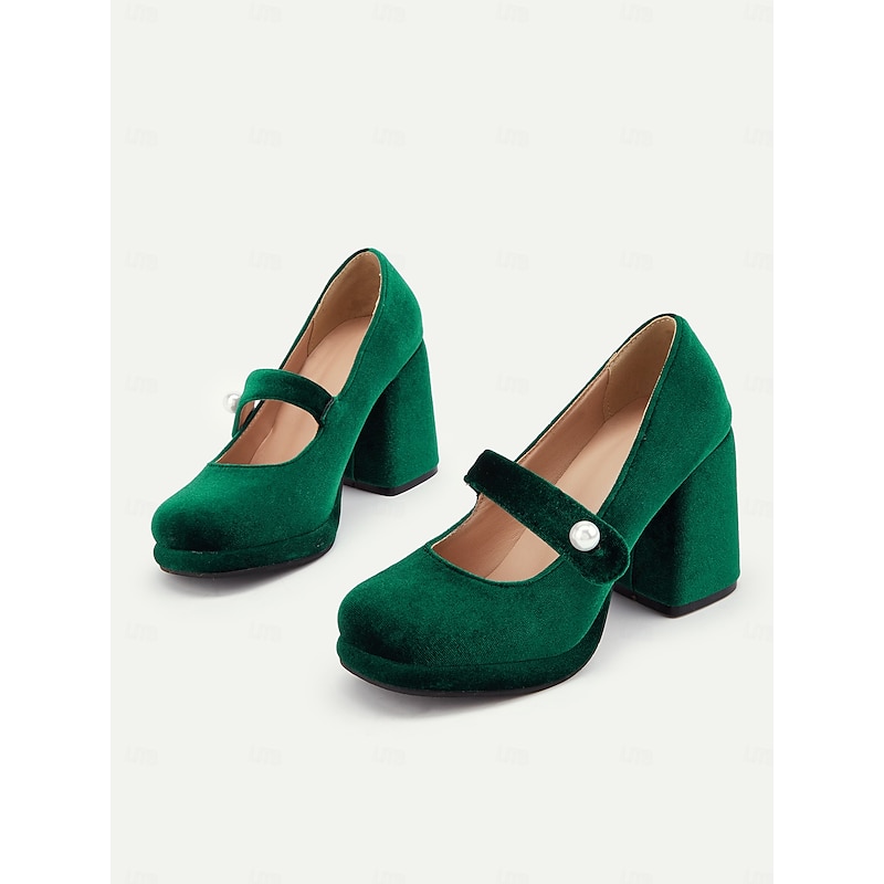 Women's Green Velvet Mary Jane Block Heels with Pearl Accent – Retro Platform Pumps for Party and Formal Events