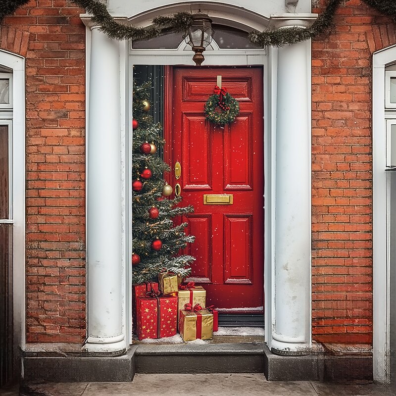 Christmas Door Decorations Door Covers Blue Wreath Xmas Door Tapestry Door Curtain Decoration Backdrop Indoor/Outdoor Door Banner for Front Door Farmhouse 13
