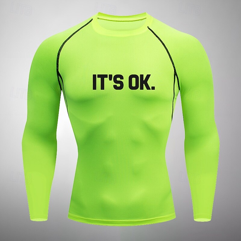 Men's Compression Shirt Athletic Shirt Gym Shirt Fitness Shirt Long Sleeve Tee Tshirt Casual Athleisure Fall Letter Quick Dry Soft Breathable Gym Workout Walking Jogging Sportswear Activewear Black