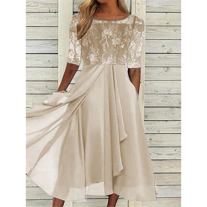 Women's Maxi Dress Lace Dress Cocktail Dress Wedding Guest Dress Chiffon Dress Elegant Formal Work Cocktail Party Regular Fit Half Sleeve Crew Neck Dark Green Purple Gold Green Summer Fall4