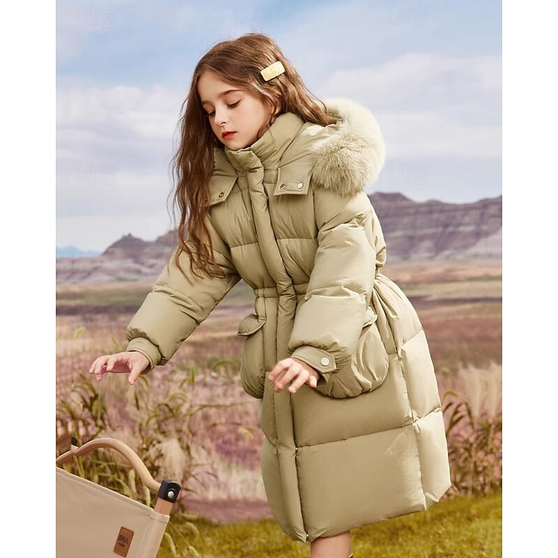 Kids Girls' Down Coat Puffer Jacket Solid Color Fashion Pocket School Coat Outerwear 4-12 Years Fall Black Army Green