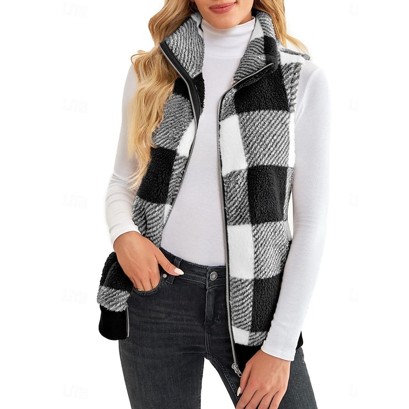 Women's Fleece Jacket Fleece Vest Teddy Coat Warm Breathable Zipper Pocket Fleece Lined Casual Plaid Vacation Street Daily Wear Going out Zipper Regular Stand Collar Regular Fit Sleeveless Outerwear4