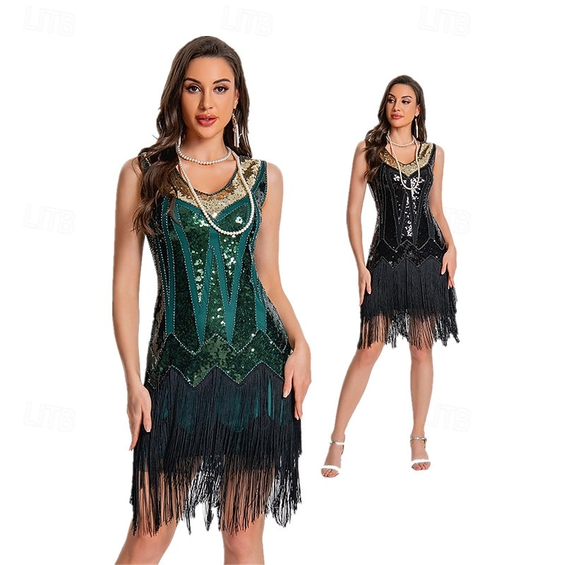 1920s Vintage Inspired Flapper Dress Party Costume Sleeveless The Great Gatsby Wedding Guest Sequins Sequin Tassel V Neck Fancy Dress Women's Christmas Halloween New Year Casual Daily Party