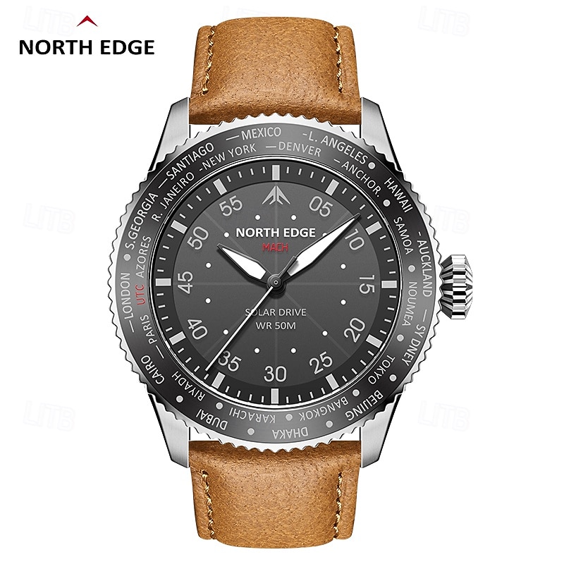 NORTH EDGE Men Quartz Watch Sports Wristwatch Waterproof Leather Watch
