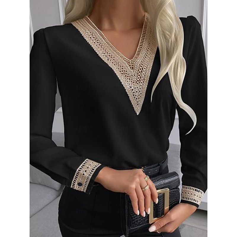 Women's Shirt Blouse Lace White Shirt Daily Work Stylish Modern Long Sleeve Black Spring Fall3
