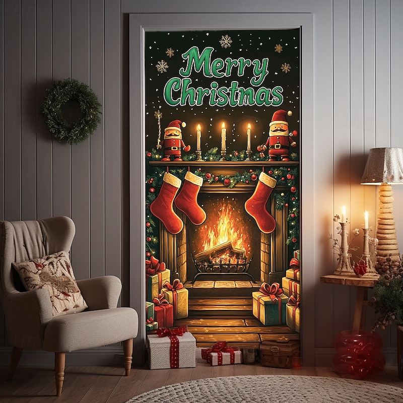 Christmas Door Decorations Door Covers Fireplace Xmas Door Tapestry Door Curtain Decoration Backdrop Indoor/Outdoor Door Banner for Front Door Farmhouse