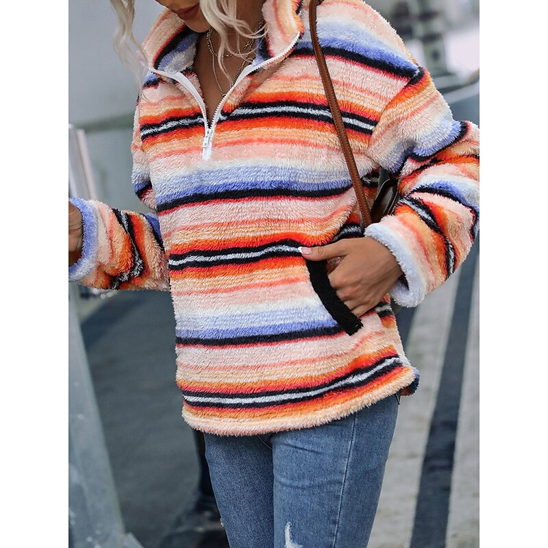 Women's Sweatshirt Casual Sherpa Striped Street Dailywear High Neck Zipper Pocket Print Long Sleeve Orange Fall Winter3