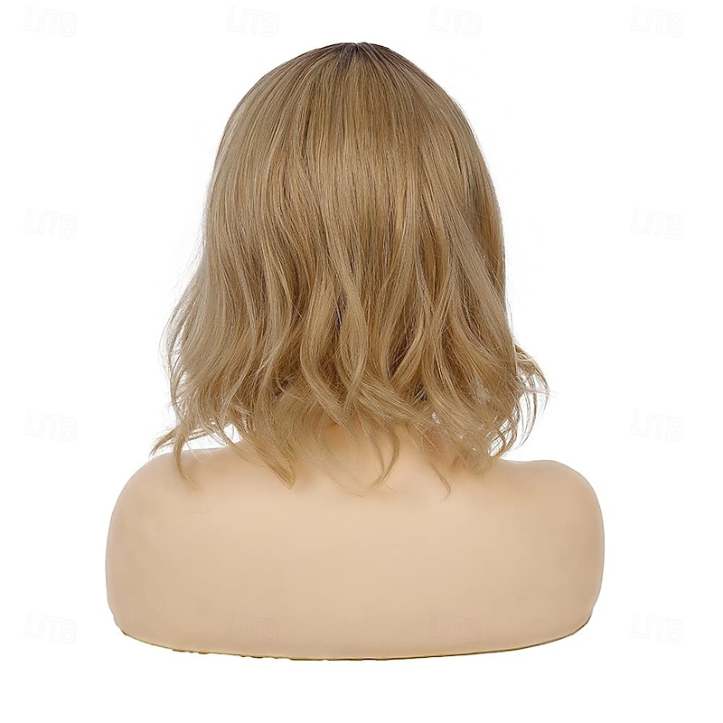 Bob Wig Short Natural Wavy Middle Part Synthetic Dark Roots Cosplay Wigs for Women4