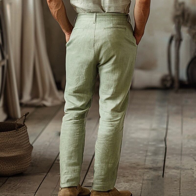 Men's Linen Pants Chinos Solid Color Full Length Wedding Party Outdoor Elegant Vacation Black White Micro-elastic2
