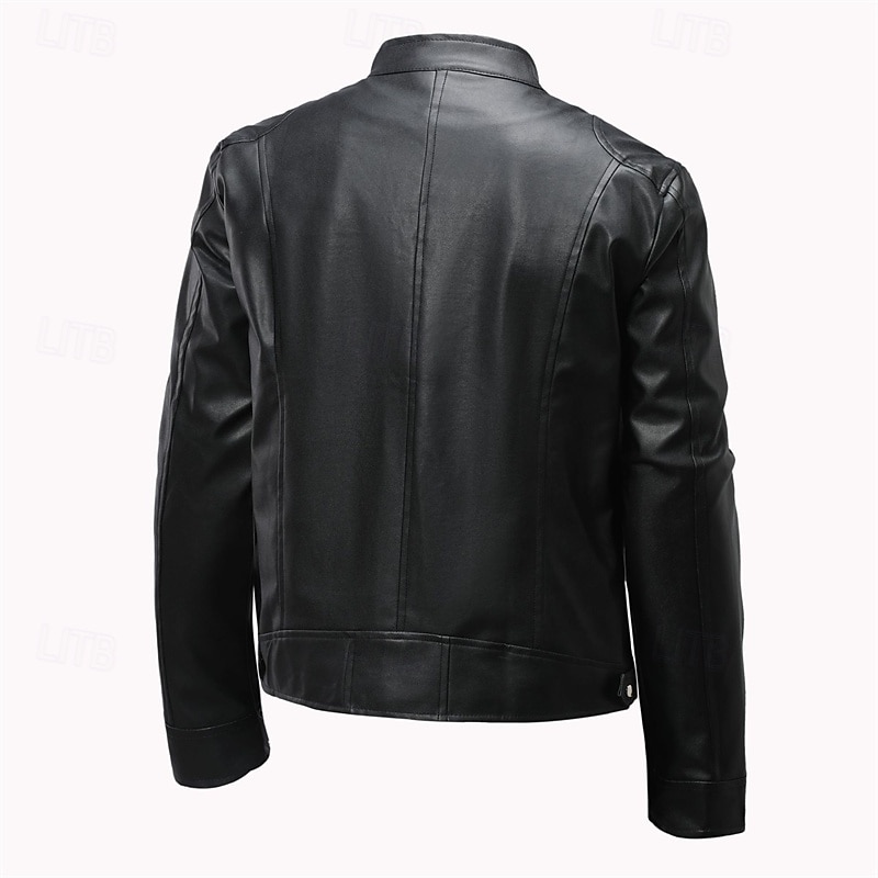 Men's Faux Leather Jacket Shirt Jacket Transition Jacket Biker Jacket Vacation Daily Windproof Warm Pocket Fall & Winter Plain Fashion Classic Stand Collar Regular Faux Leather Black Khaki Jacket3