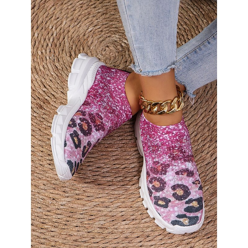 Women's Pink Leopard Print Knit Sneakers - Slip-On Design, Lightweight Casual Walking Shoes for Daily Wear2