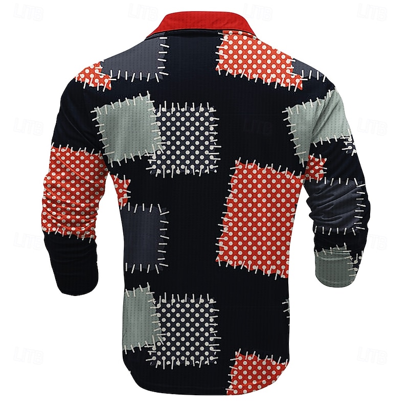 Men's Plaid Waffle Polo Shirts Golf Shirt Long Sleeve Polo Shirts Collared Shirts Vintage Casual Vacation Wear Formal Wear Festival Wear Buttons 3D Print Spring Fall Winter Black / Red2