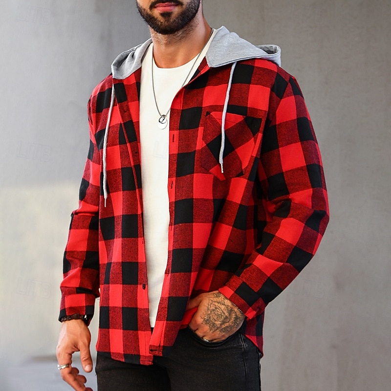 Men's Shirt Flannel Shirt Overshirt Lattice Outdoor Street White Red Green Long Sleeve Hoodie Spring &  Fall Clothing Apparel