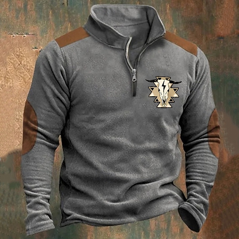 Men's Sweatshirt Quarter Zip Sweatshirt Blue Brown Khaki Light Grey Dark Gray Half Zip Graphic Cow Print Print Quarter Zip Christmas Daily Holiday Other Prints Polyester Streetwear Casual Fall Winter3