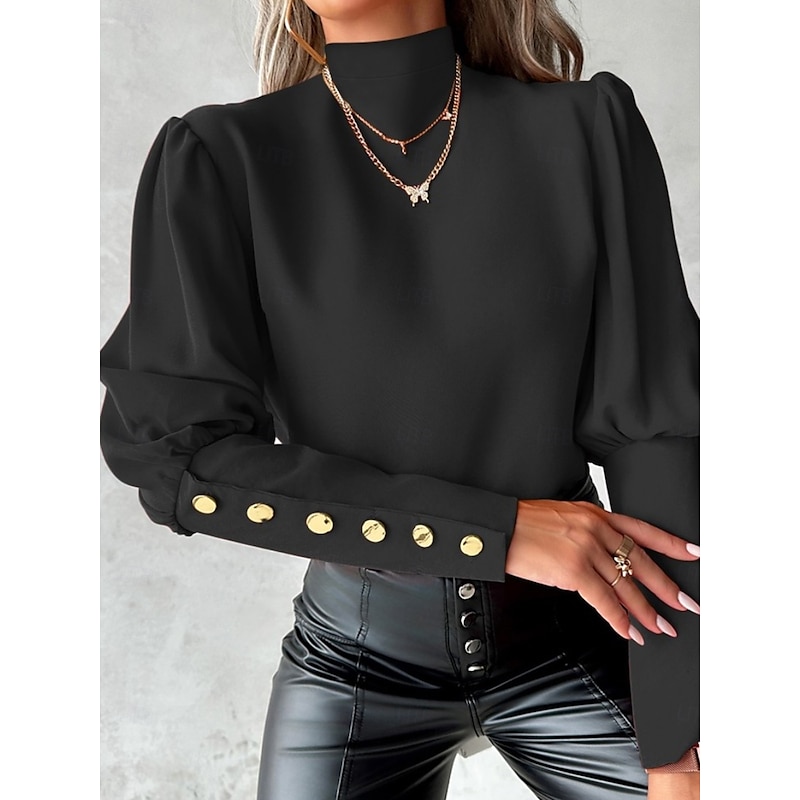 Women's Shirt Blouse Solid Color Elegant Ladies Stylish Long Sleeve High Neck Work Lace Buttons Black White Red Blue Spring Fall Winter2