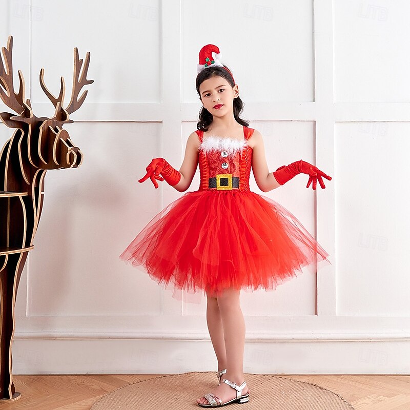 Santa Claus Mrs.Claus Outfits Tutu Santa Suits Girls' Christmas Kid's Christmas New Year Christmas Eve Christmas Party New Year Eve Dress Headpiece Gloves4