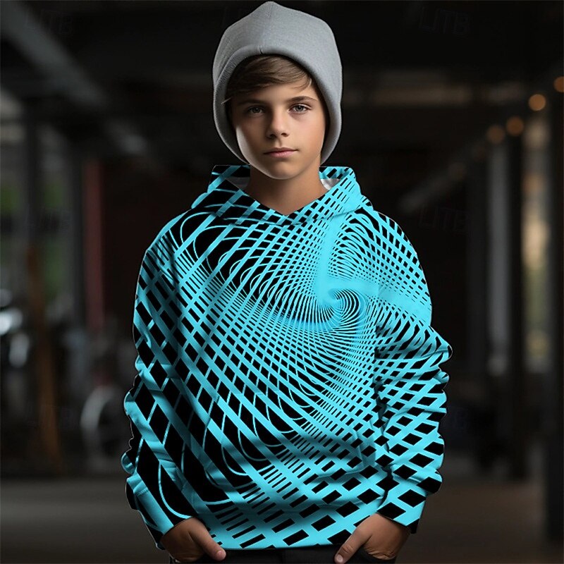 Boys 3D Graphic Geometric Hoodie Long Sleeve Spring Fall Fashion Streetwear Kids 4-12 Years Hooded Outdoor Casual Daily Regular Fit4