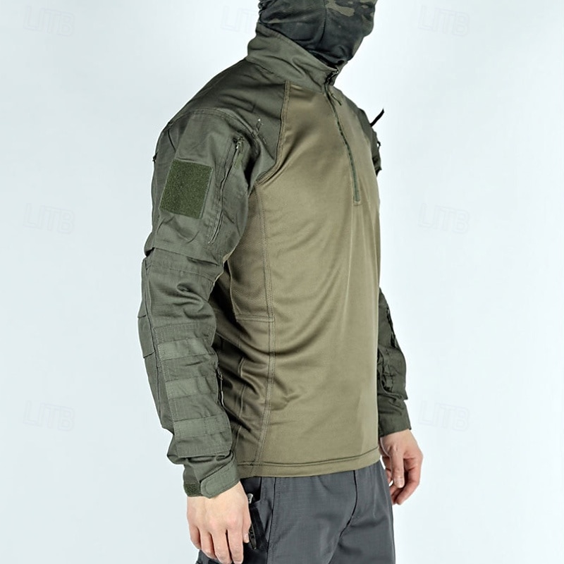 Men's Combat Shirt Hiking Shirt Tactical Military Shirt Long Sleeve Quarter Zip Top Outdoor Breathable Soft Polyester Patchwork Black Army Green Rough Black Gym Climbing Camping / Hiking / Caving2