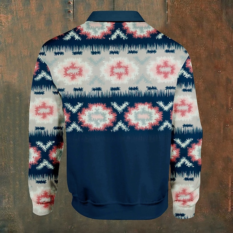 Men's Folk Polo Shirts Pullover Long Sleeve Polo Shirts Collar Vintage Casual Daily Streetwear 3D Print Buttons Fall & Winter Blue2