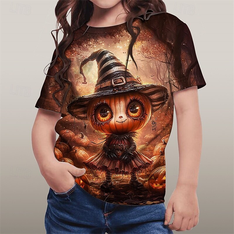 Girls' 3D Cartoon Pumpkin T shirt Tee Short Sleeve Summer Spring Fashion Basic Kids 4-12 Years Crew Neck Outdoor Casual Daily Regular Fit