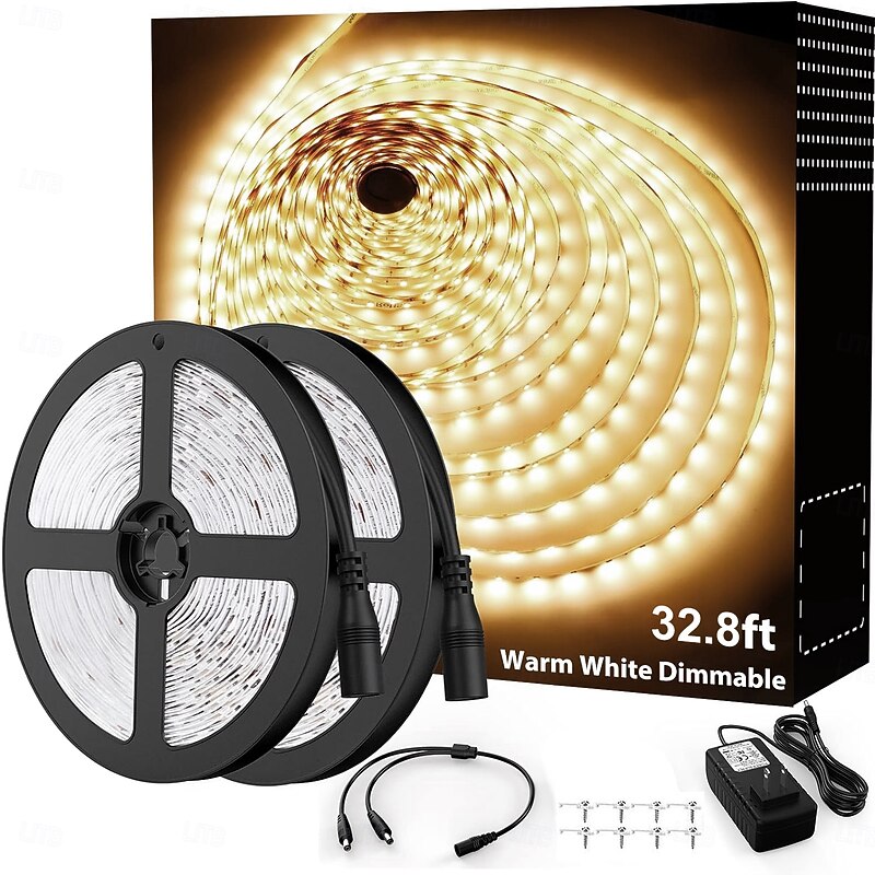 White LED light strip 2x16 FT Warm Light White Light Red Blue Green White Strip Lighting 600 LED 2835 Flexible Ribbon Light 12V Rope Light Suitable for Kitchen Cabinet Bedroom Wardrobe