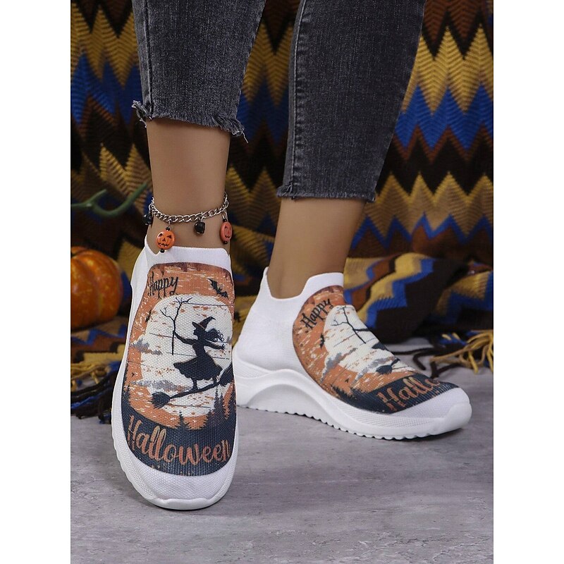 Women's Halloween Witch Print Slip-On Sneakers – Festive and Comfortable Knit Shoes for Casual Wear and Halloween Celebrations2