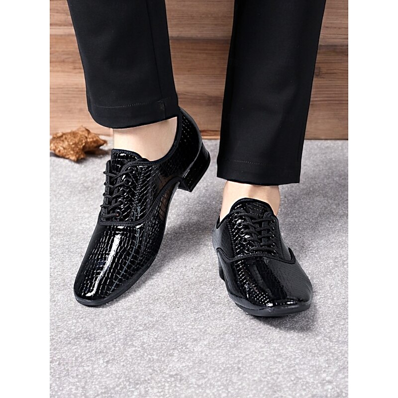 Men's Black Crocodile Pattern Lace-Up Dance Shoes with Glossy Finish, Perfect for Ballroom and Latin Dance Performances